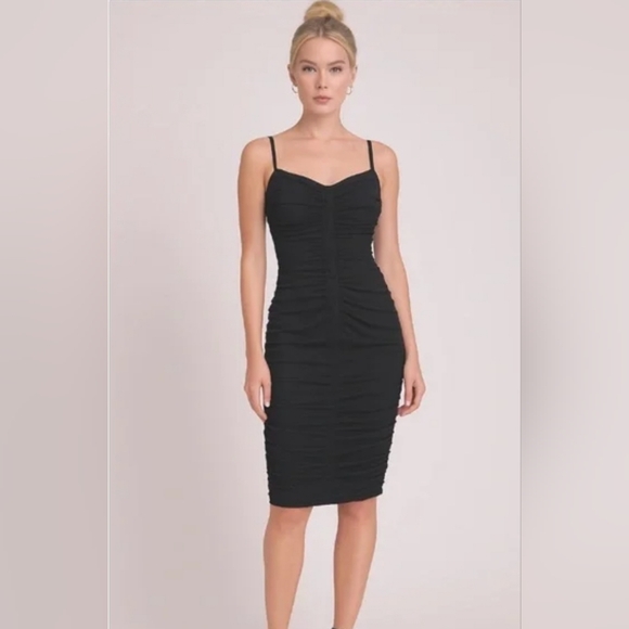 Byron Lars Beauty Mark Ruched Fitted Stretchy Bodycon Black Dress sz 6 Lined NEW - Picture 1 of 11